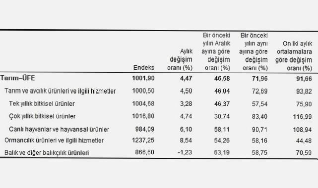 Tarım ürünleri üretici fiyat endeksi (Tarım-ÜFE) yıllık yüzde 71,96, aylık yüzde 4,47 arttı