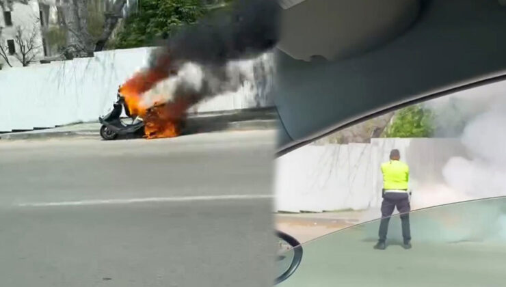 Trafik Polisinin Kahramanlığı! Yangın Tüpüyle Motora Müdahale Etti.